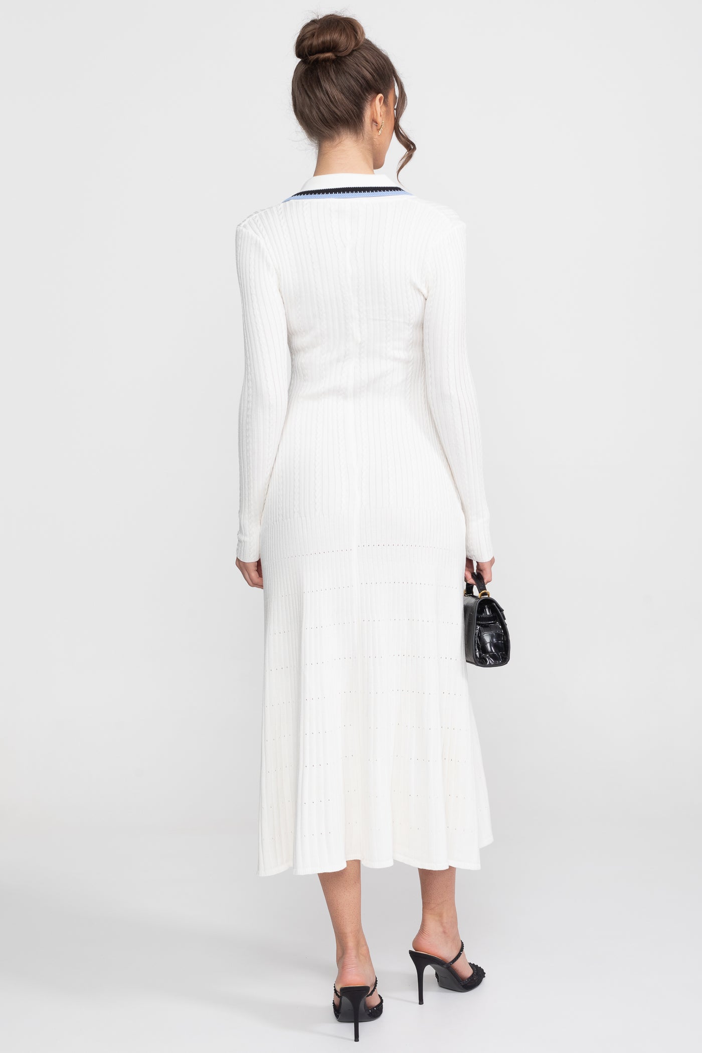 Long Sleeve Knit Midi Dress | Women | Polo Collar | Monogram Patch | White | Steven & Levon