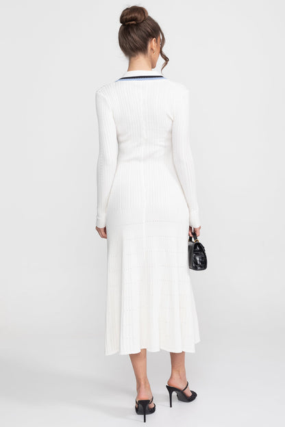 Long Sleeve Knit Midi Dress | Women | Polo Collar | Monogram Patch | White | Steven & Levon