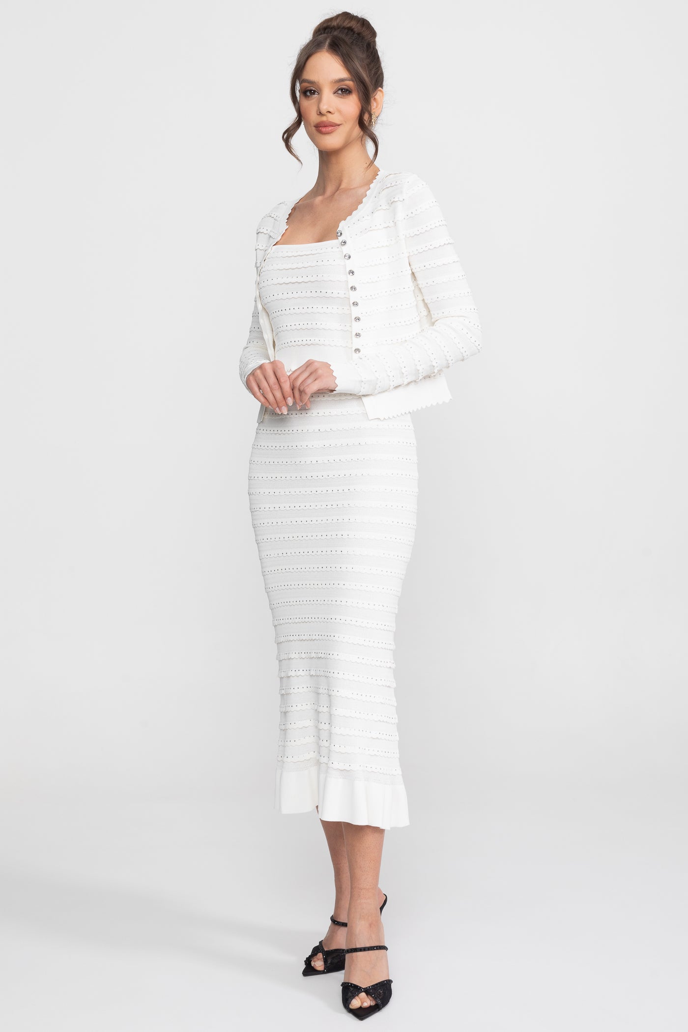 Textured Knit 3-Piece Set | Women | Blazer Top & Midi Skirt | White | Steven & Levon