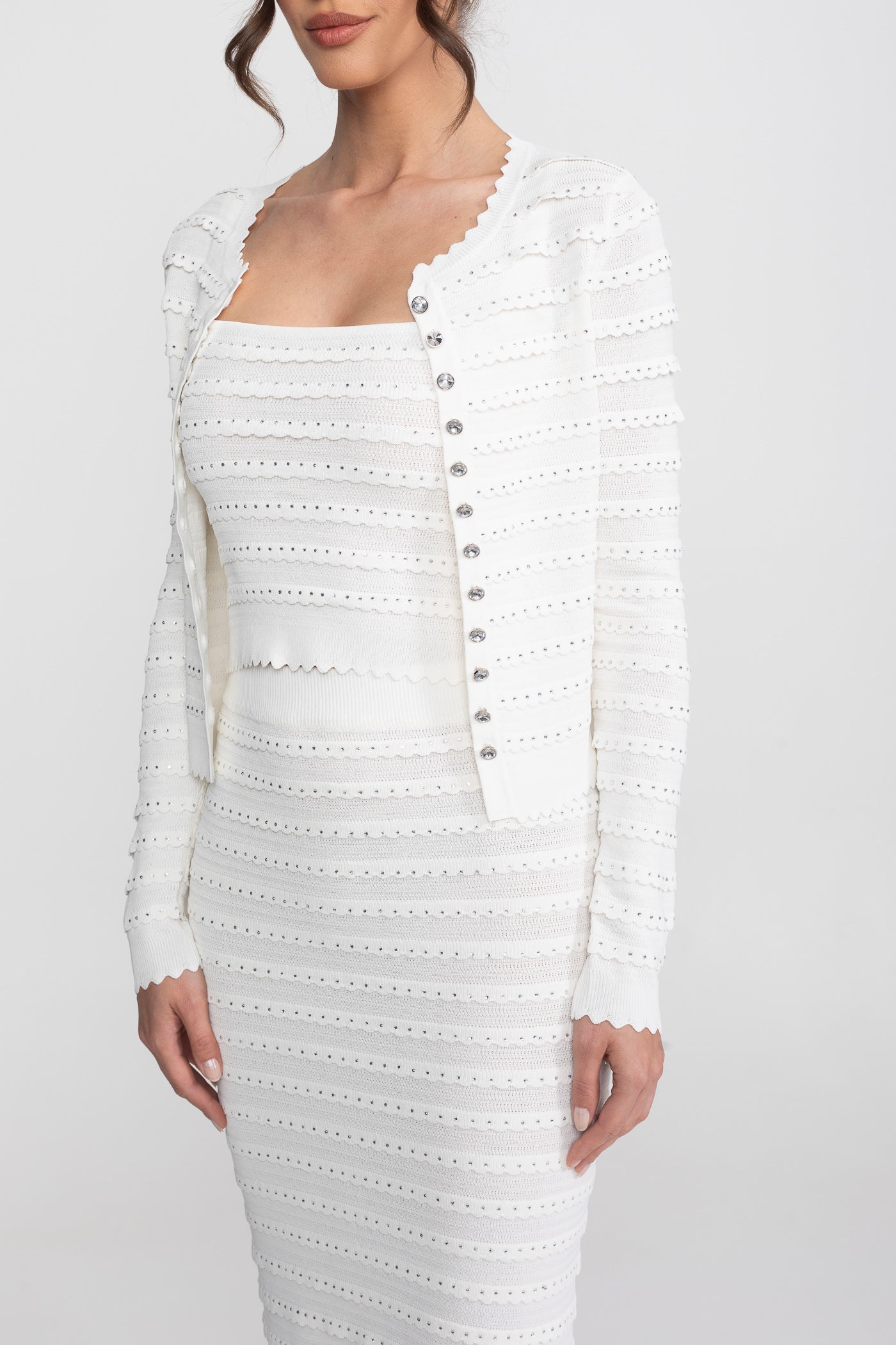 Textured Knit 3-Piece Set | Women | Blazer Top & Midi Skirt | White | Steven & Levon