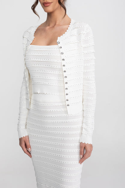 Textured Knit 3-Piece Set | Women | Blazer Top & Midi Skirt | White | Steven & Levon
