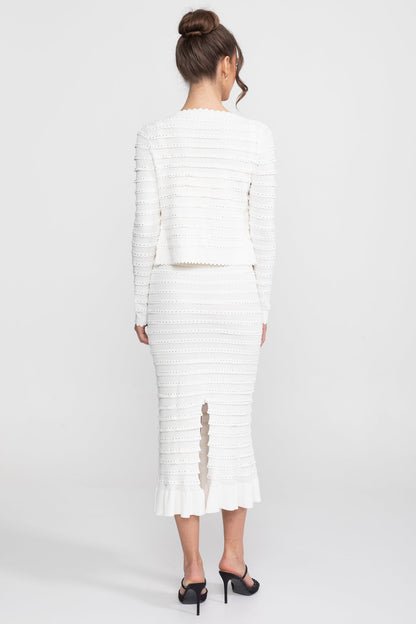 Textured Knit 3-Piece Set | Women | Blazer Top & Midi Skirt | White | Steven & Levon