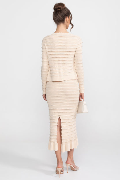 Textured Knit 3-Piece Set | Women | Blazer Top & Midi Skirt | Beige | Steven & Levon