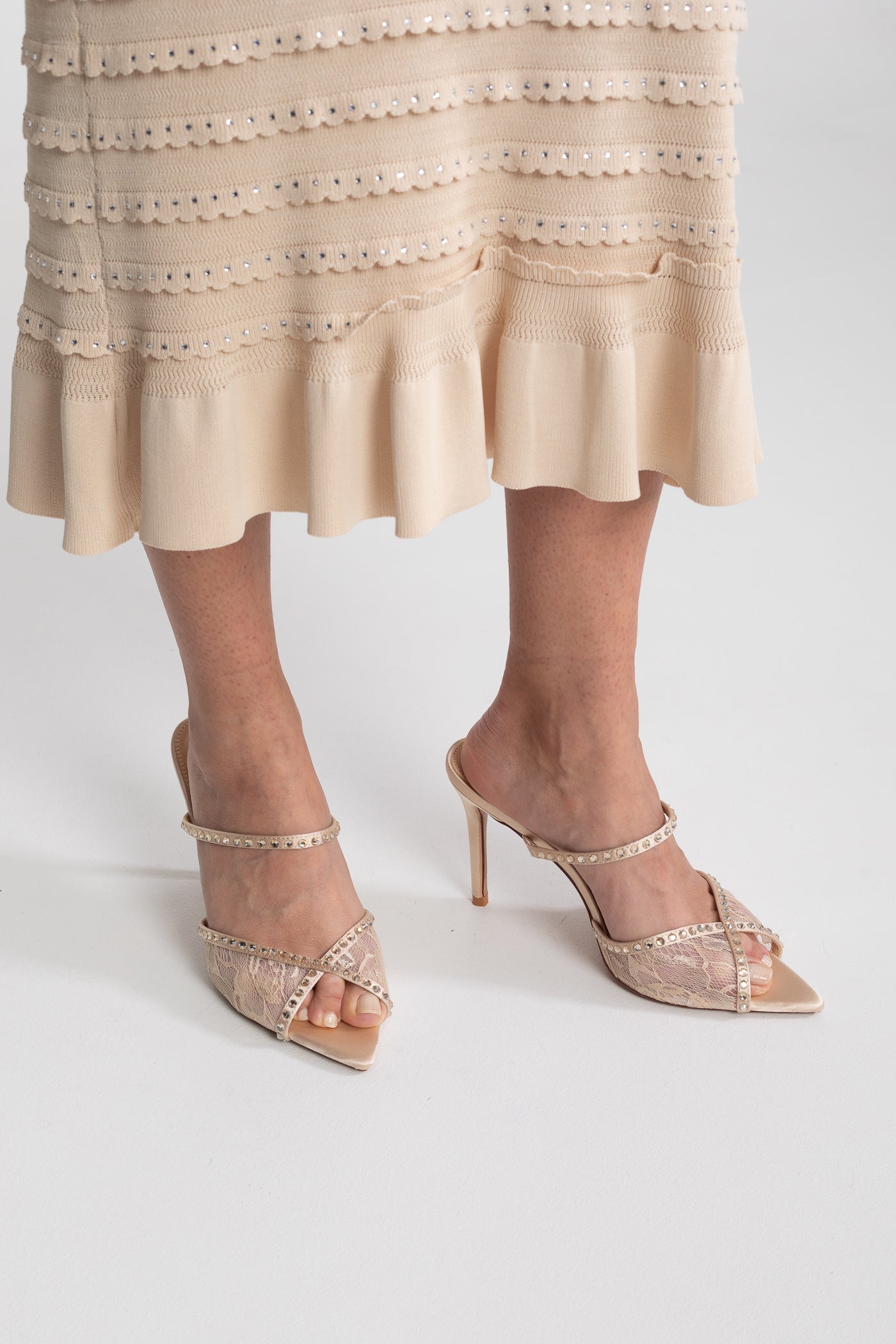 Crystal Strap Lace Pointed Toe Mules | Women | Rhinestone Detail | Beige | Steven & Levon
