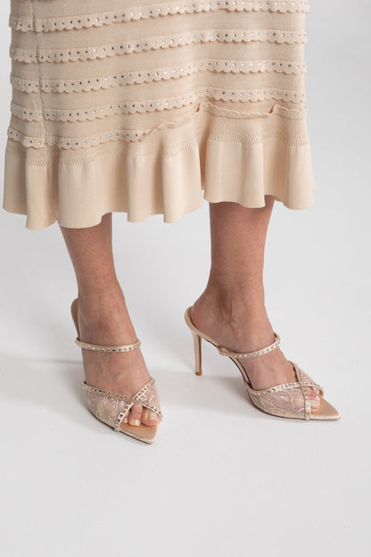 Crystal Strap Lace Pointed Toe Mules | Women | Rhinestone Detail | Beige | Steven & Levon