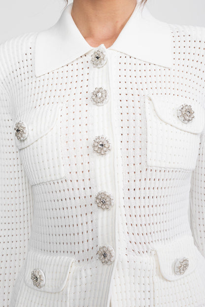 Open Knit Cardigan & Pleated Midi Skirt Co-Ord Set | Women | White | Soft Knit | Steven & Levon