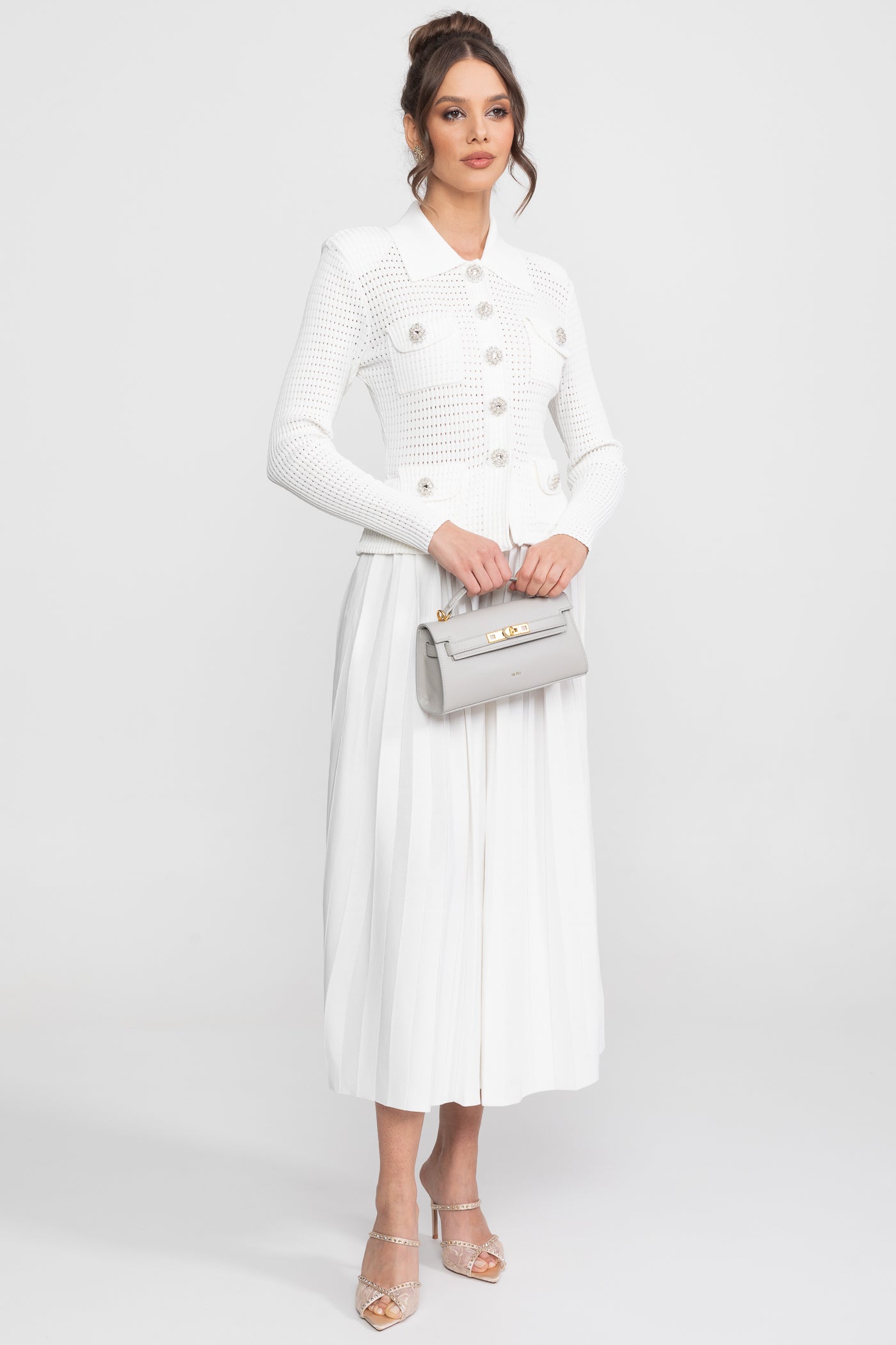 Open Knit Cardigan & Pleated Midi Skirt Co-Ord Set | Women | White | Soft Knit | Steven & Levon