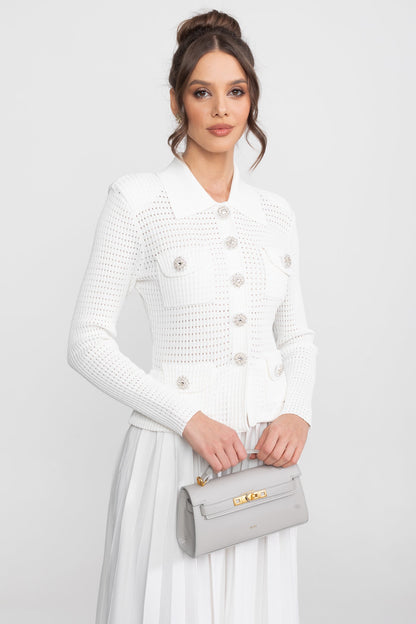 Open Knit Cardigan & Pleated Midi Skirt Co-Ord Set | Women | White | Soft Knit | Steven & Levon