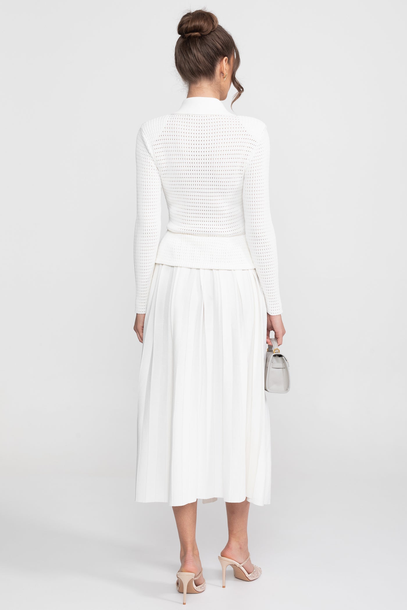 Open Knit Cardigan & Pleated Midi Skirt Co-Ord Set | Women | White | Soft Knit | Steven & Levon