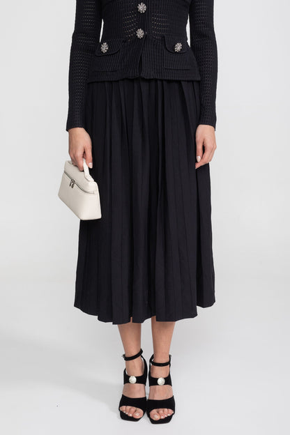 Open Knit Cardigan & Pleated Midi Skirt Co-Ord Set | Women | Black | Steven & Levon