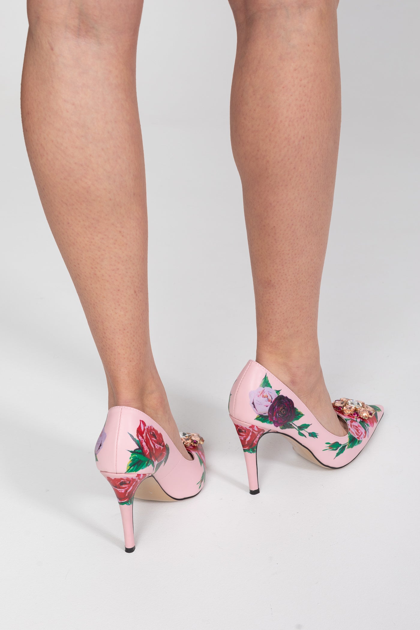 Rose Print Pointed Toe Pumps | Women | Crystal Brooch | Pink | Elegant Dress Shoes | Steven & Levon