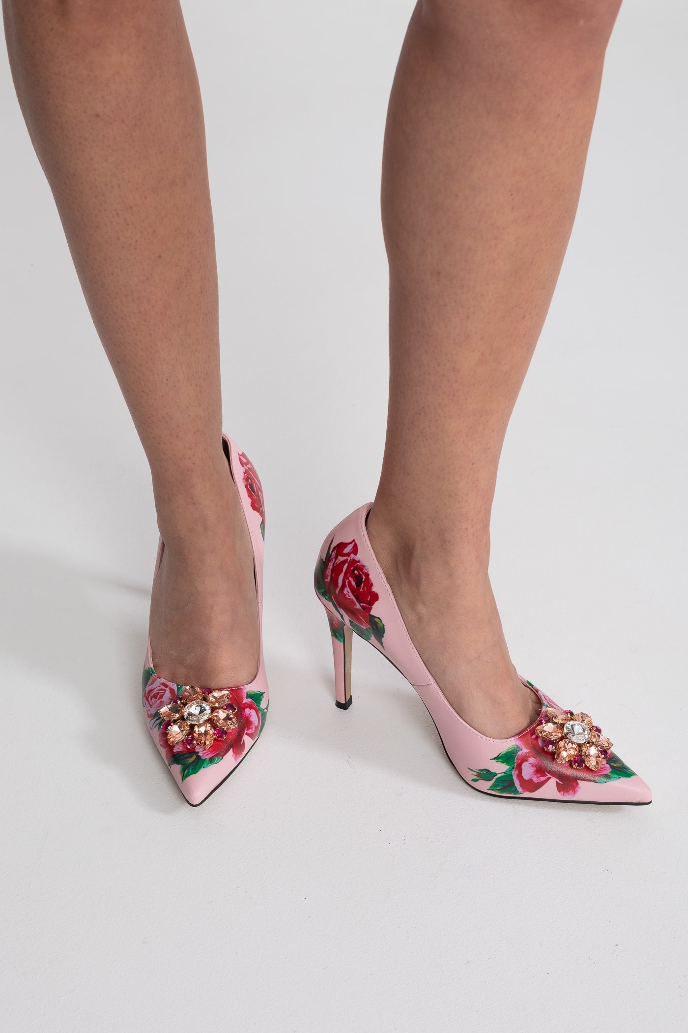 Rose Print Pointed Toe Pumps | Women | Crystal Brooch | Pink | Elegant Dress Shoes | Steven & Levon