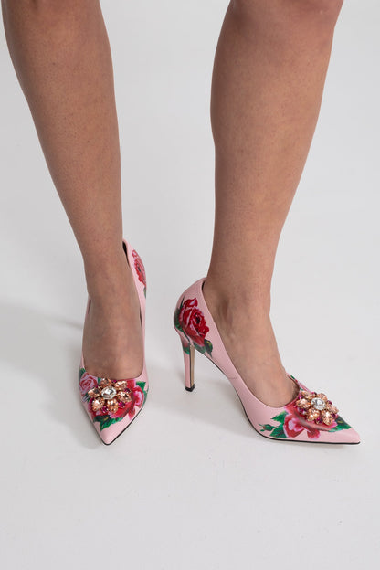 Rose Print Pointed Toe Pumps | Women | Crystal Brooch | Pink | Elegant Dress Shoes | Steven & Levon