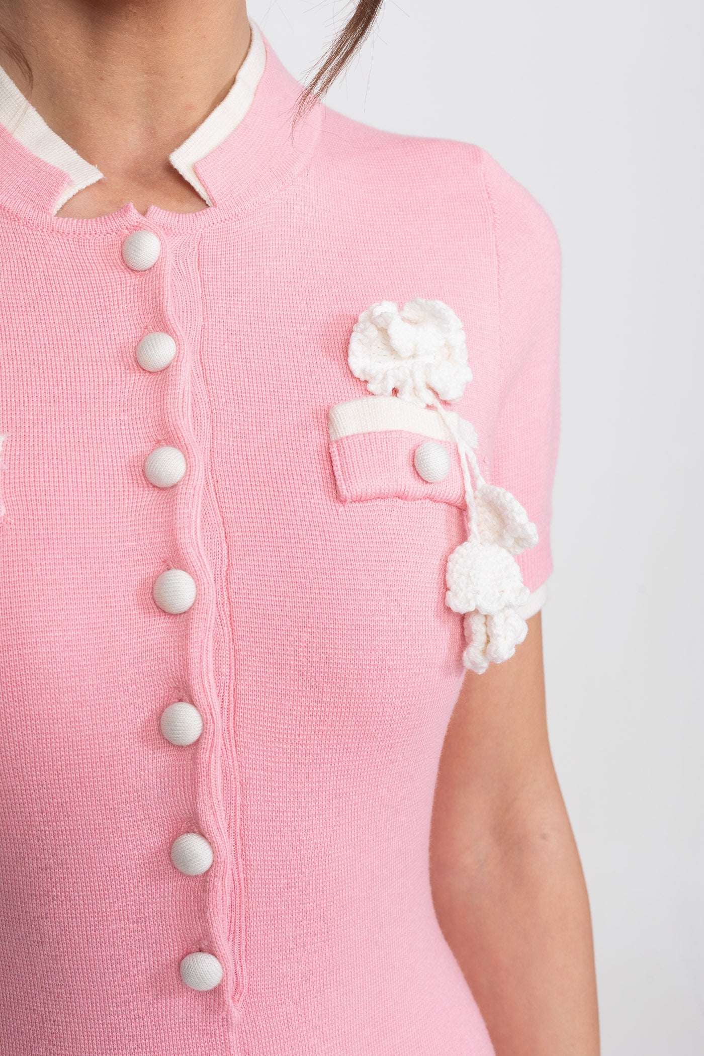 Ribbed Knit Midi Dress | Women | Contrast Trim | Decorative Pockets | Pink | Steven & Levon