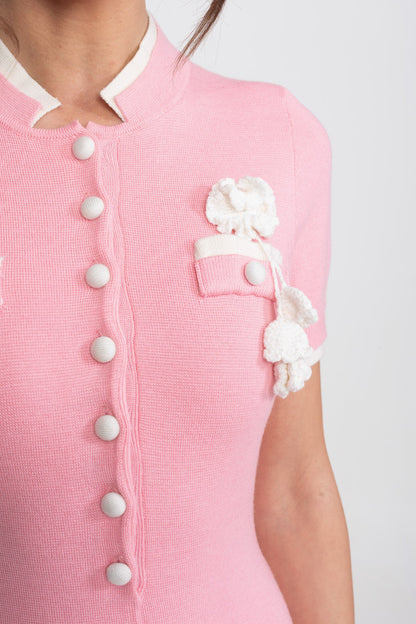 Ribbed Knit Midi Dress | Women | Contrast Trim | Decorative Pockets | Pink | Steven & Levon