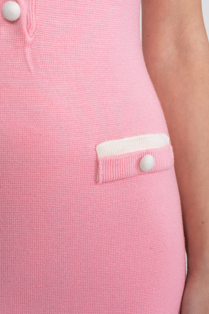 Ribbed Knit Midi Dress | Women | Contrast Trim | Decorative Pockets | Pink | Steven & Levon