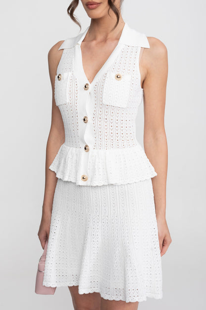Open Knit Cardigan & Mini Skirt Co-Ord Set | Women | Peplum | White | Steven & Levon