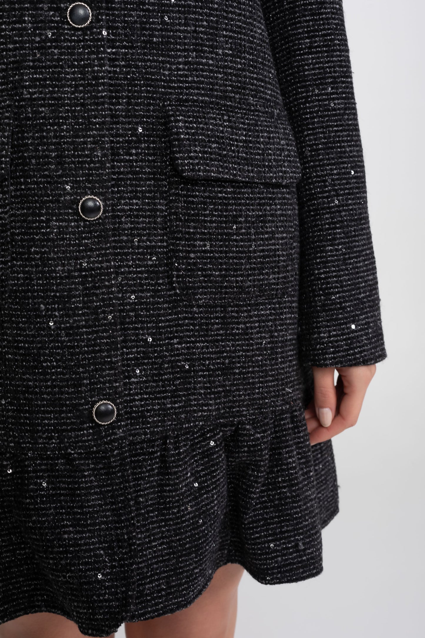 Boucle Tweed Mini Dress | Women | Lace Trim Collar | Ruffle Hem | Black | Steven & Levon