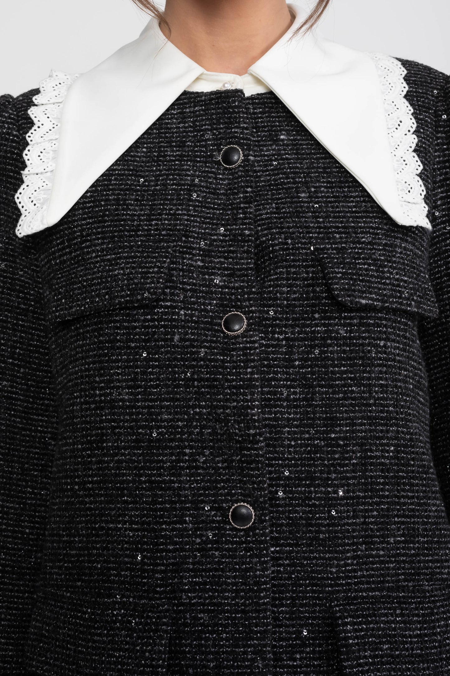 Boucle Tweed Mini Dress | Women | Lace Trim Collar | Ruffle Hem | Black | Steven & Levon