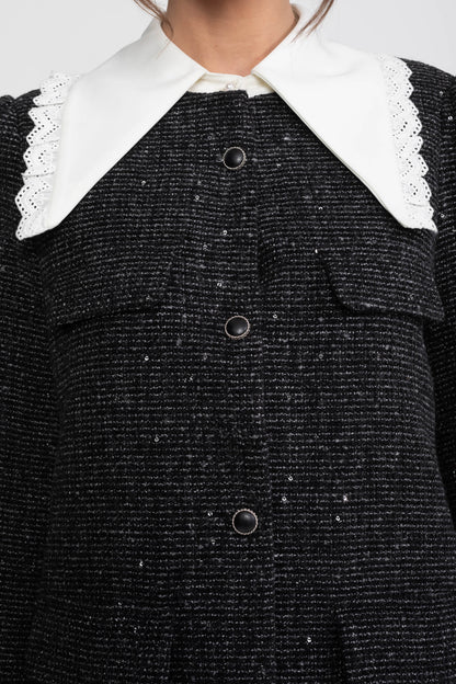 Boucle Tweed Mini Dress | Women | Lace Trim Collar | Ruffle Hem | Black | Steven & Levon