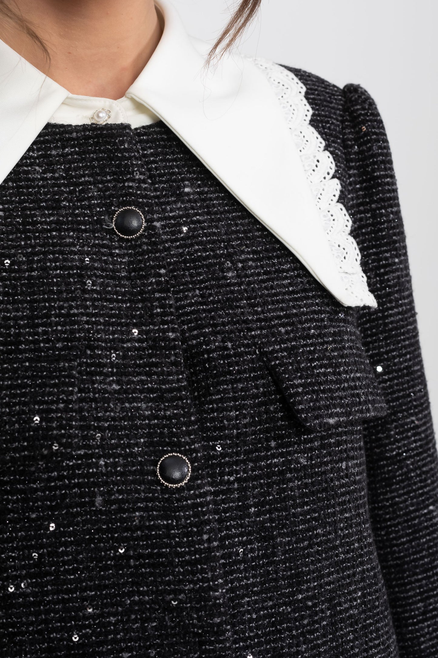 Boucle Tweed Mini Dress | Women | Lace Trim Collar | Ruffle Hem | Black | Steven & Levon
