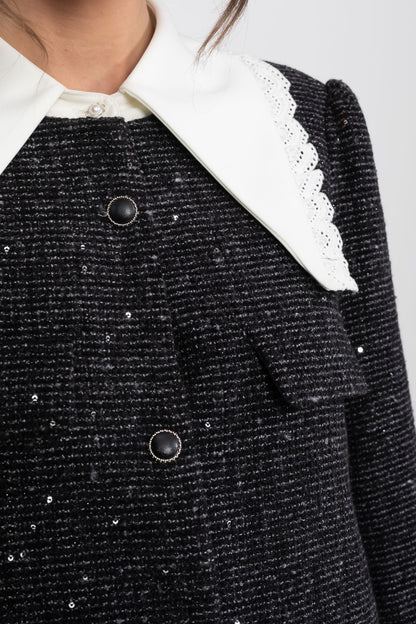 Boucle Tweed Mini Dress | Women | Lace Trim Collar | Ruffle Hem | Black | Steven & Levon
