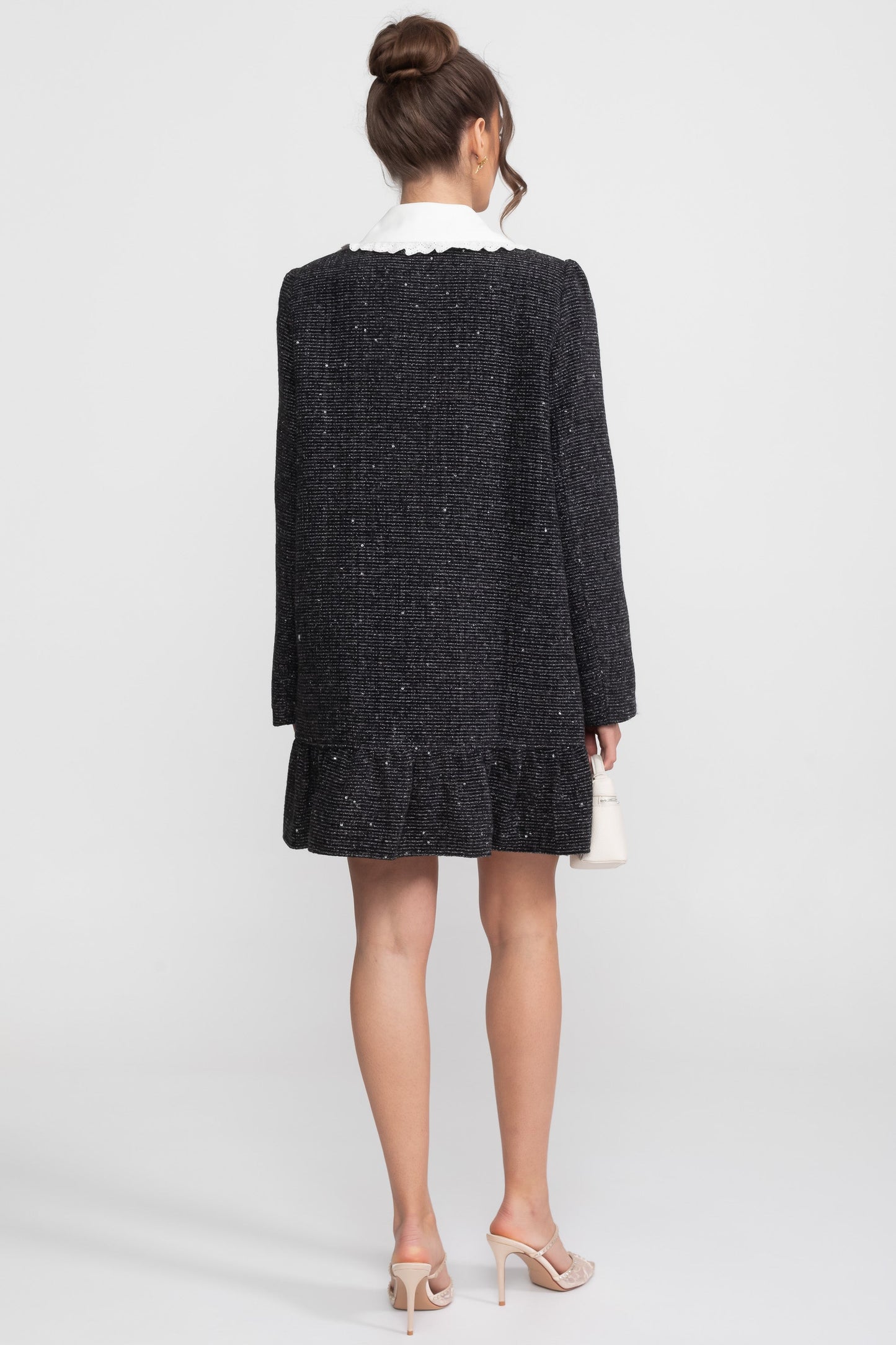 Boucle Tweed Mini Dress | Women | Lace Trim Collar | Ruffle Hem | Black | Steven & Levon