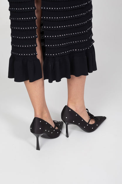 Bow Pointed Toe Pumps | Women | Crystal Studs | Black | Steven & Levon