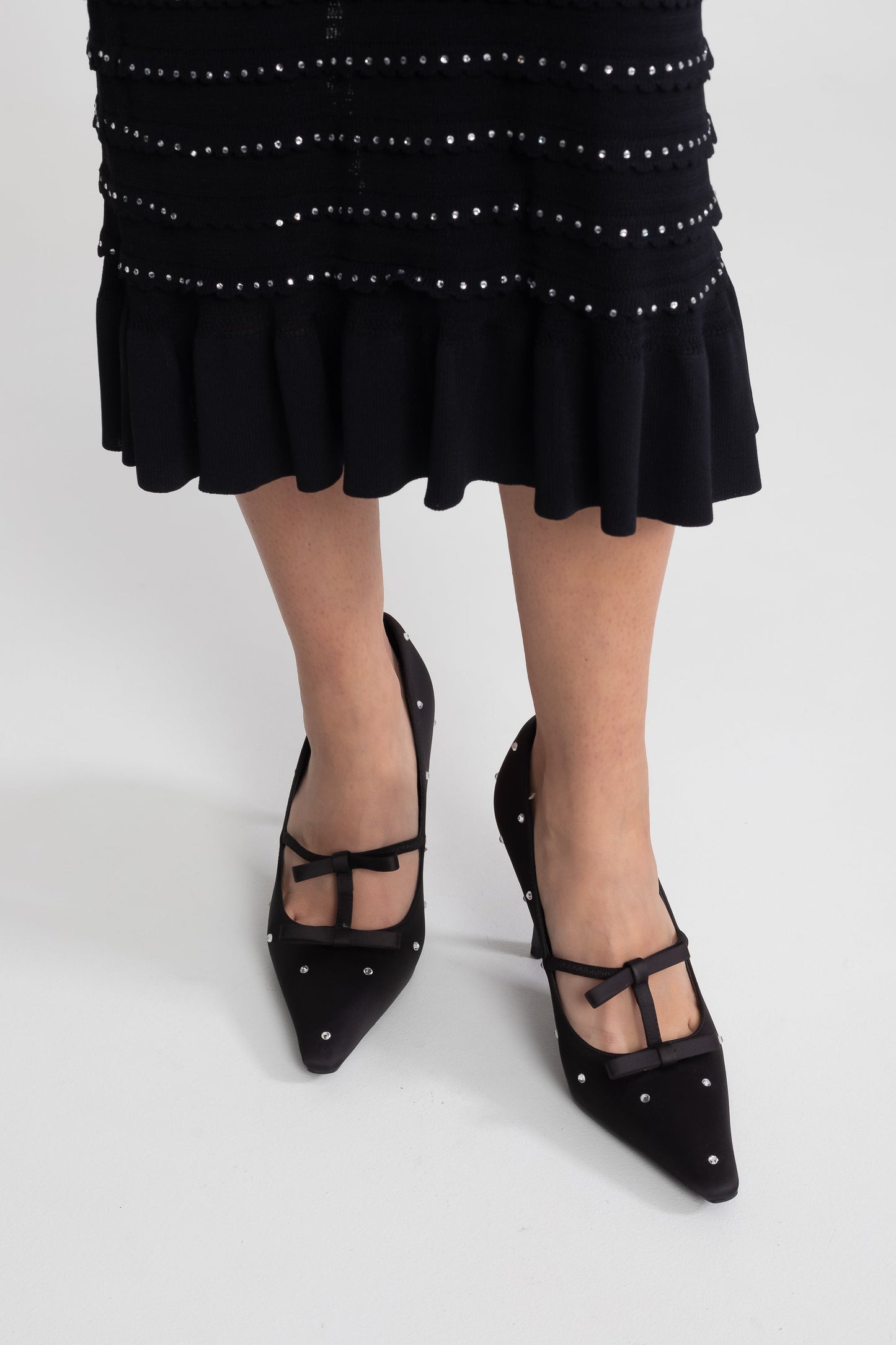 Bow Pointed Toe Pumps | Women | Crystal Studs | Black | Steven & Levon