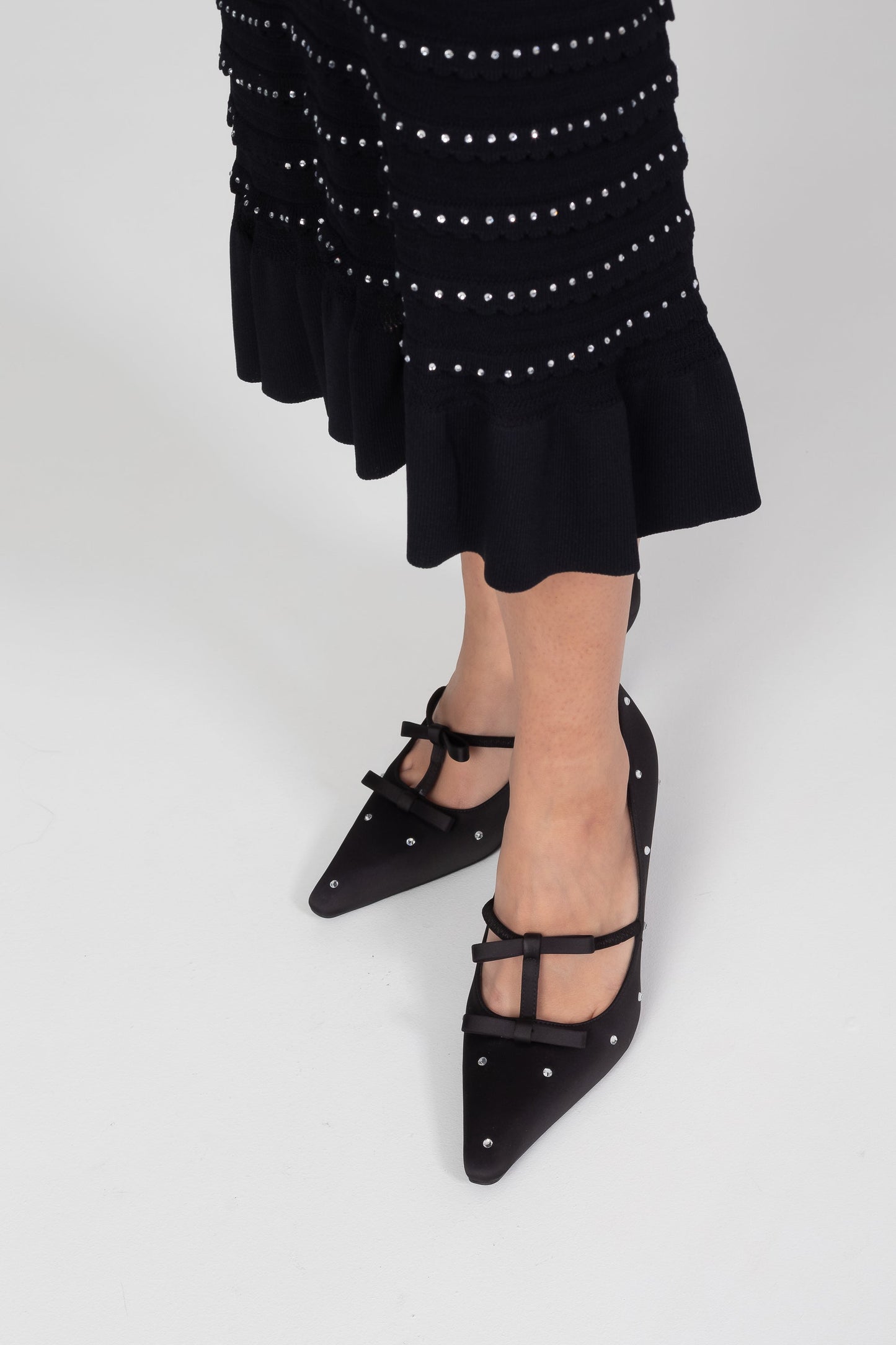 Bow Pointed Toe Pumps | Women | Crystal Studs | Black | Steven & Levon