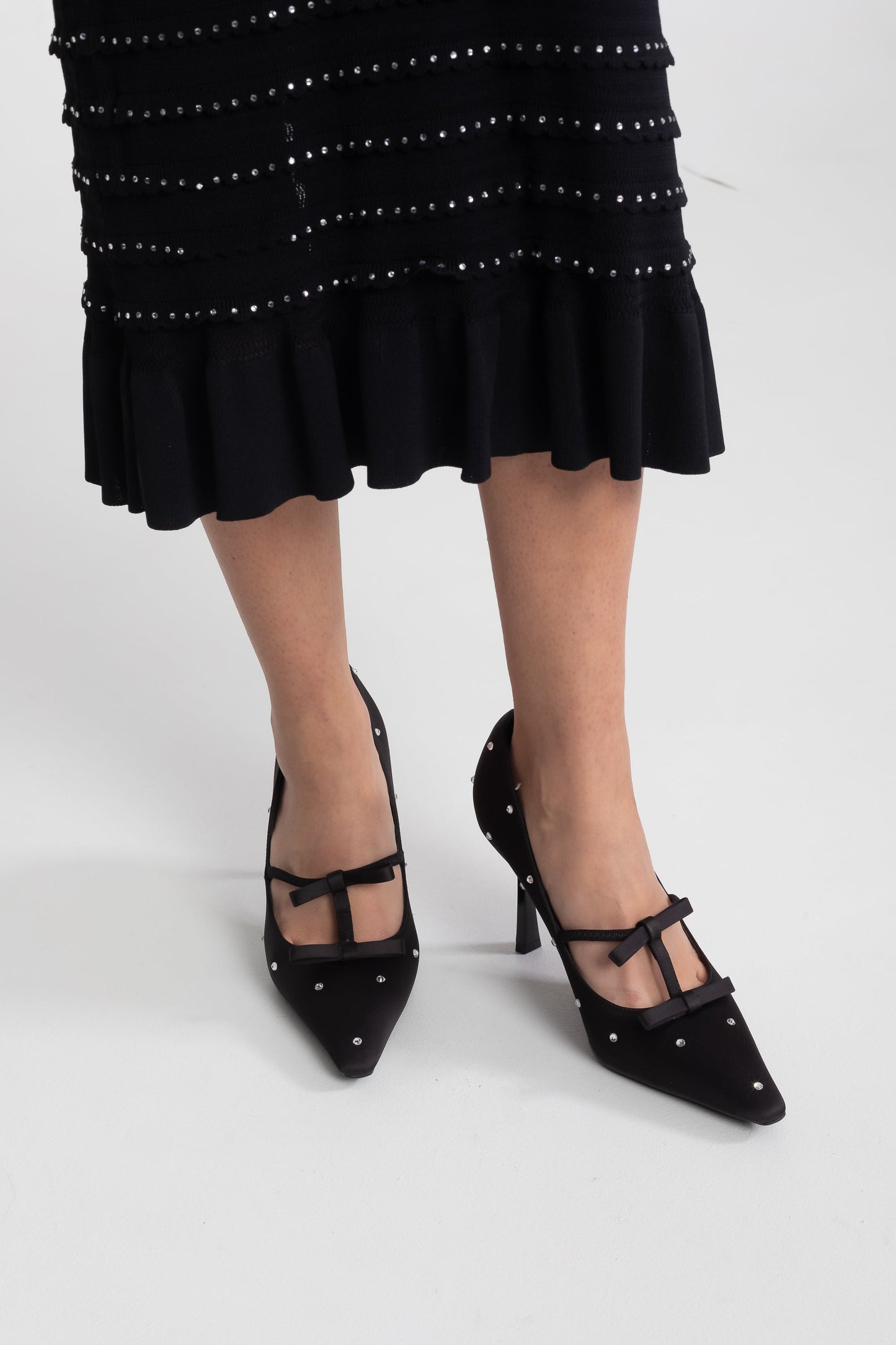 Bow Pointed Toe Pumps | Women | Crystal Studs | Black | Steven & Levon