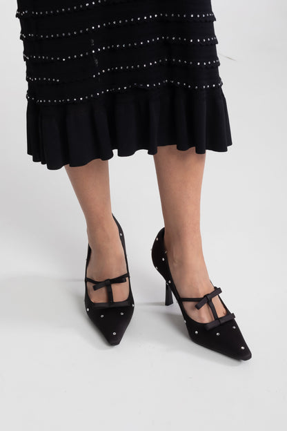 Bow Pointed Toe Pumps | Women | Crystal Studs | Black | Steven & Levon