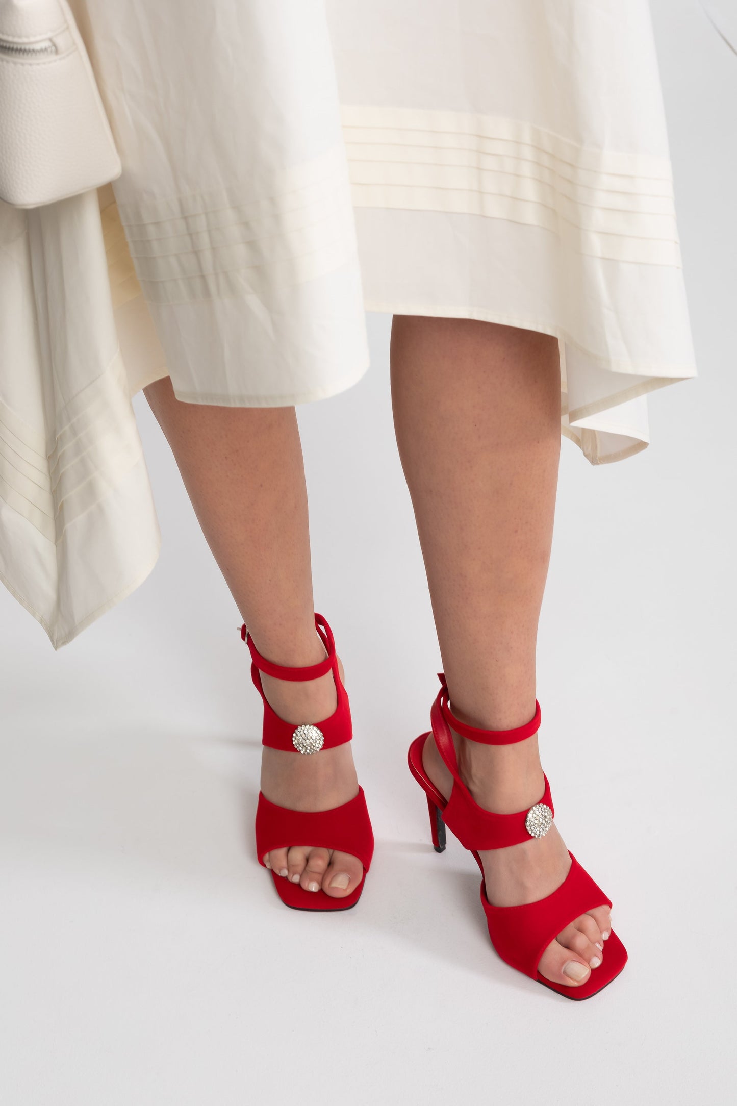 Suede High Heel Sandals | Women | Crystal Embellishment | Red | Evening Dress Shoes | Steven & Levon