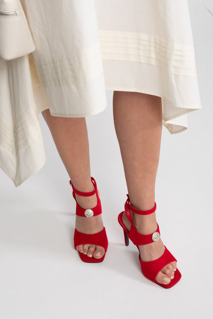 Suede High Heel Sandals | Women | Crystal Embellishment | Red | Evening Dress Shoes | Steven & Levon