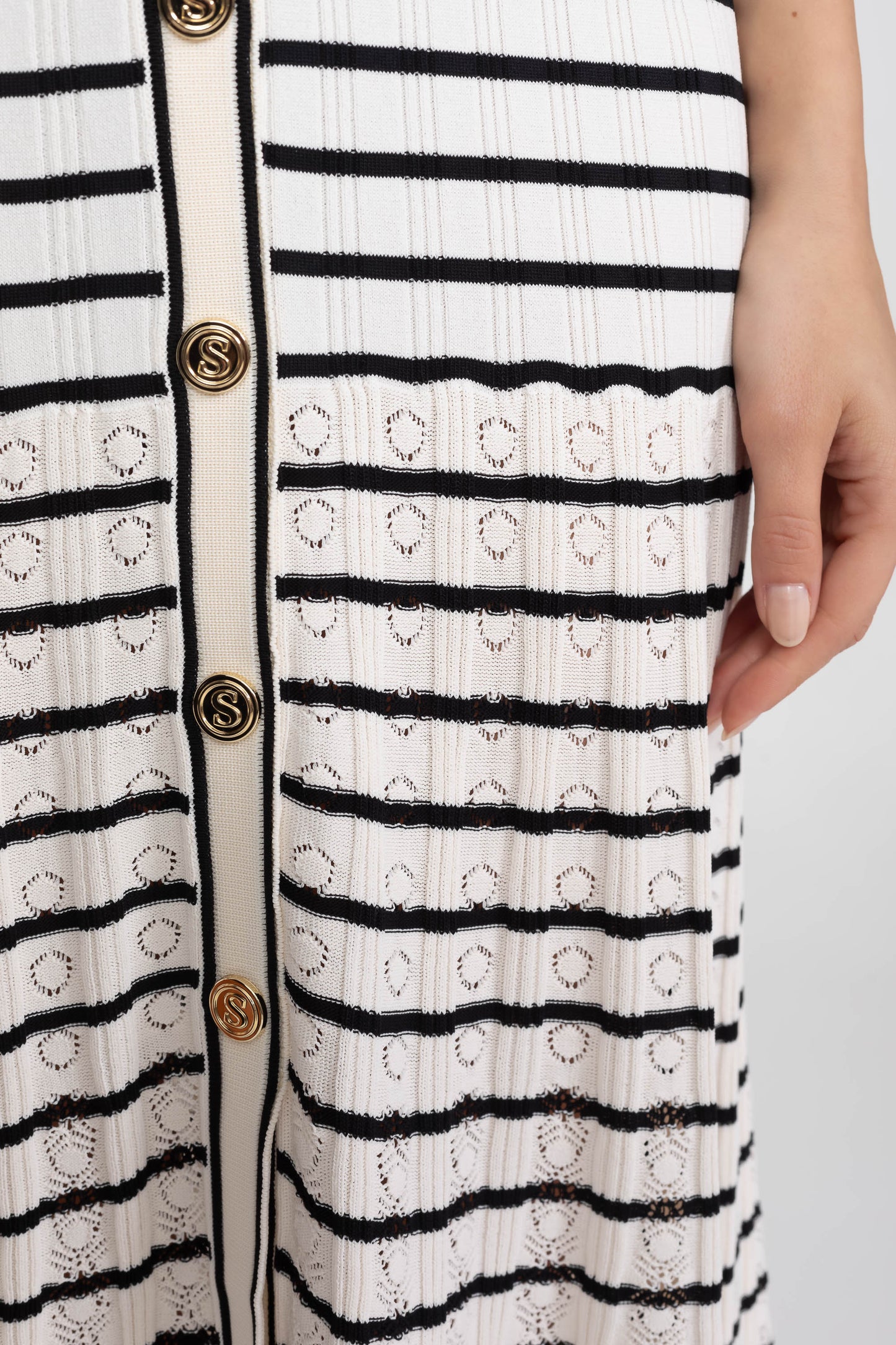 Striped Sleeveless Knit Midi Dress | Women | V-Neck | Gold Buttons | White & Black | Steven & Levon