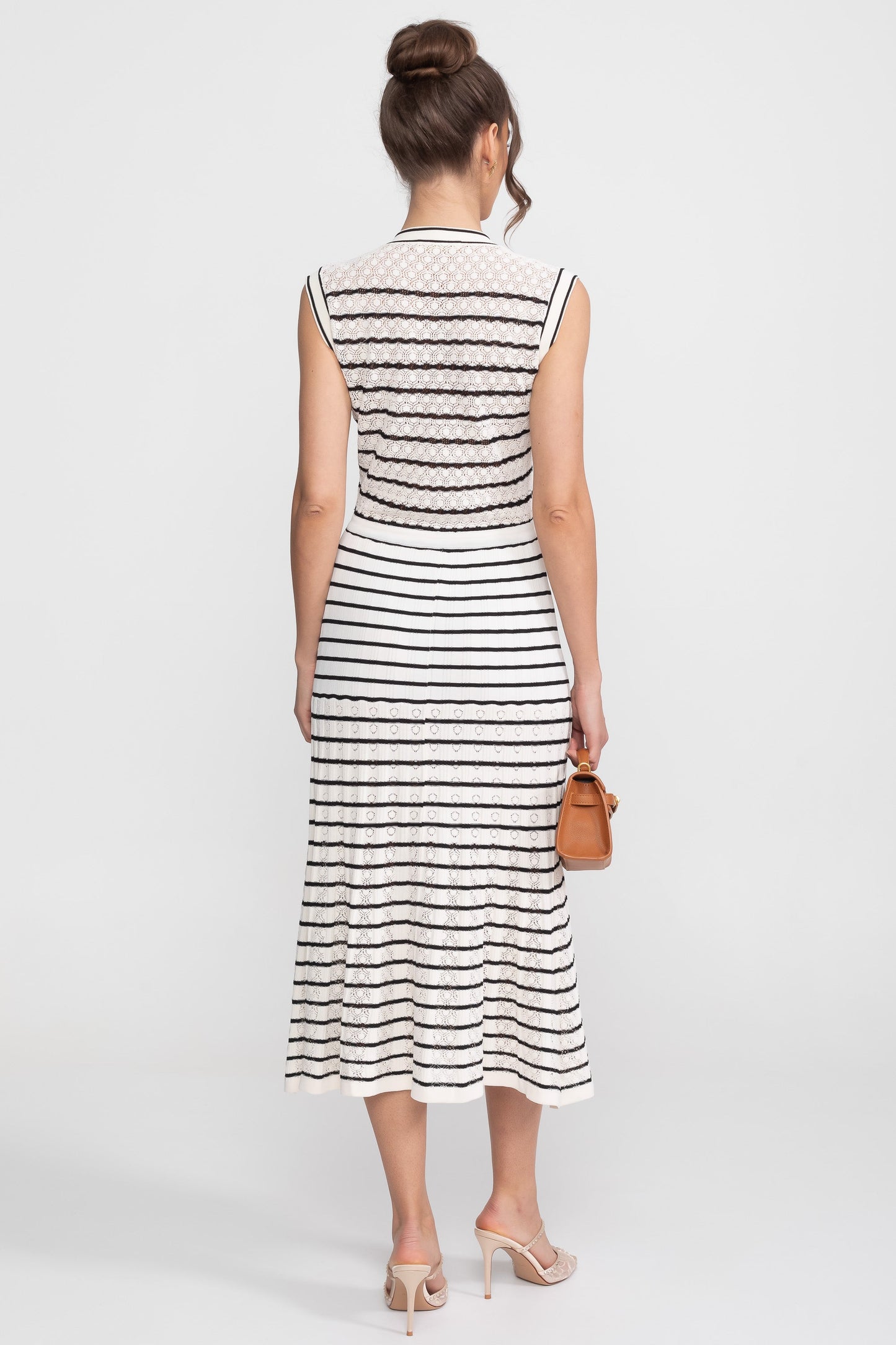 Striped Sleeveless Knit Midi Dress | Women | V-Neck | Gold Buttons | White & Black | Steven & Levon