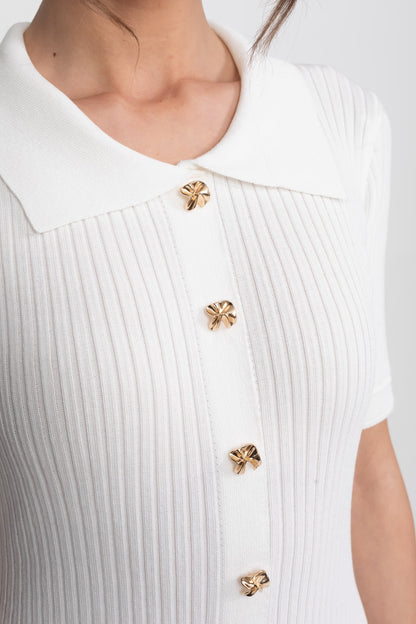 Ribbed Knit Midi Dress | Women | Peter Pan Collar | Pleated Skirt | White | Steven & Levon