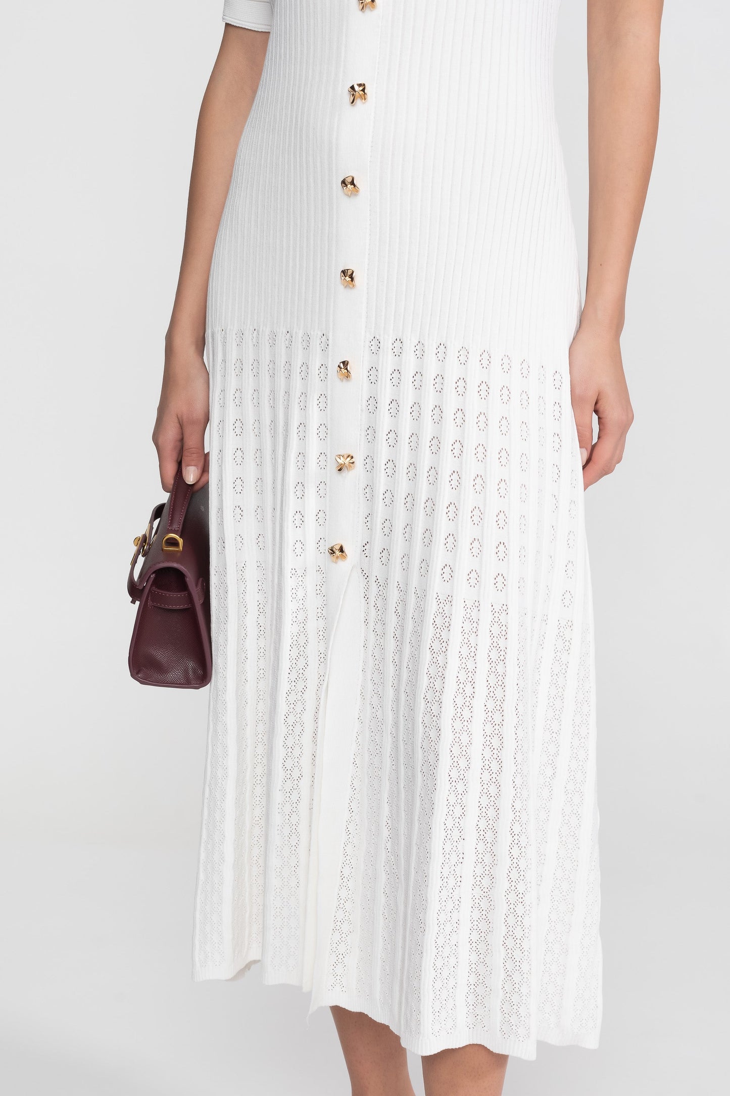Ribbed Knit Midi Dress | Women | Peter Pan Collar | Pleated Skirt | White | Steven & Levon