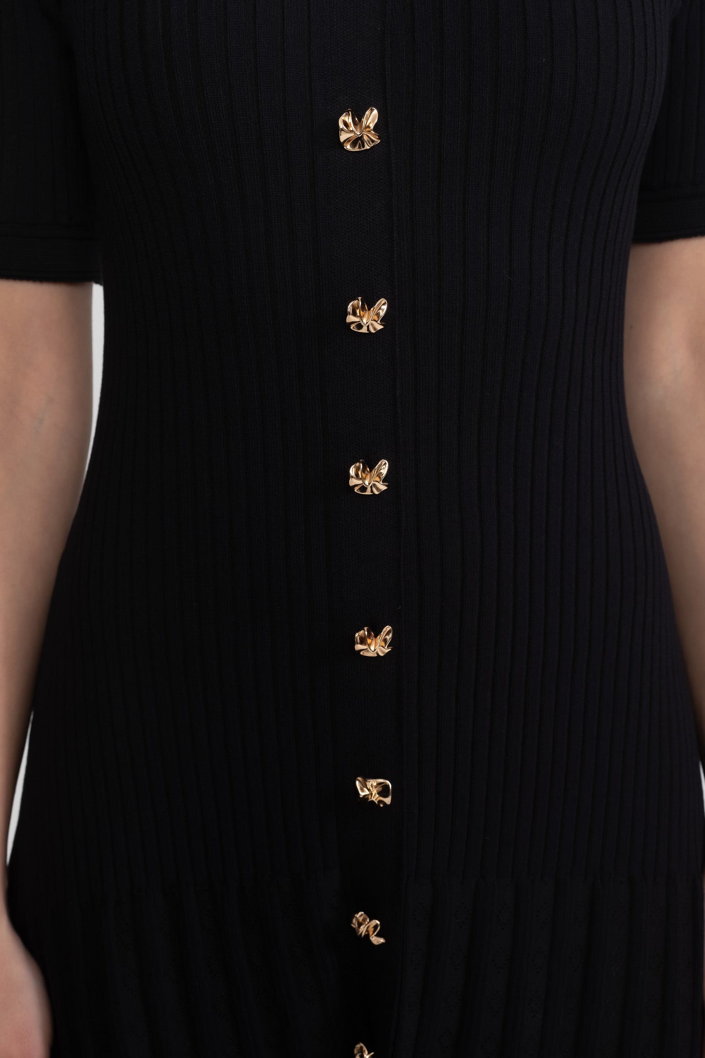 Ribbed Knit Midi Dress | Women | Peter Pan Collar | Pleated Skirt | Black | Steven & Levon
