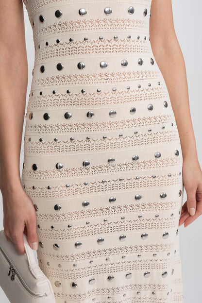 Embellished Knit Midi Dress | Women's High Neck Knit Dress | Ruffle Hem | Crystal Embellishments | Cream | Steven & Levon