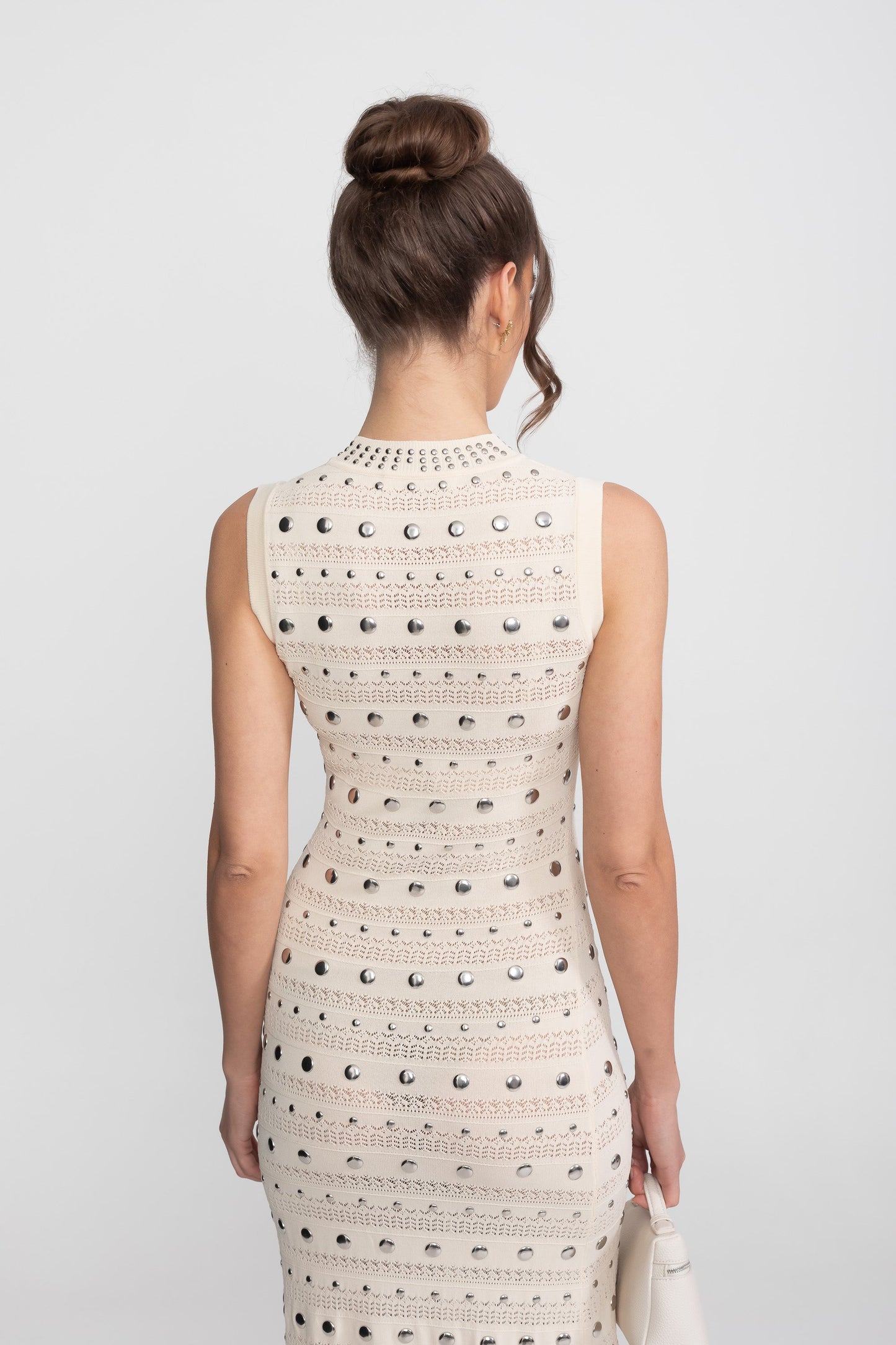 Embellished Knit Midi Dress | Women's High Neck Knit Dress | Ruffle Hem | Crystal Embellishments | Cream | Steven & Levon