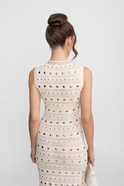 Embellished Knit Midi Dress | Women's High Neck Knit Dress | Ruffle Hem | Crystal Embellishments | Cream | Steven & Levon