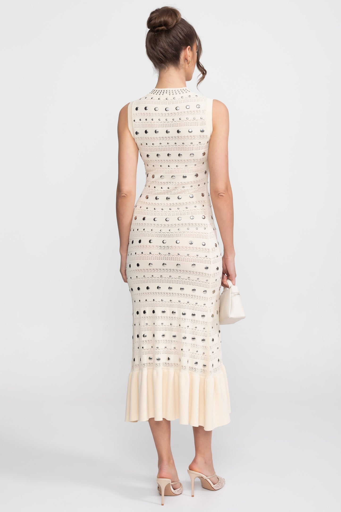 Embellished Knit Midi Dress | Women's High Neck Knit Dress | Ruffle Hem | Crystal Embellishments | Cream | Steven & Levon