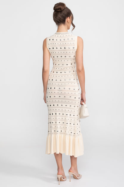 Embellished Knit Midi Dress | Women's High Neck Knit Dress | Ruffle Hem | Crystal Embellishments | Cream | Steven & Levon
