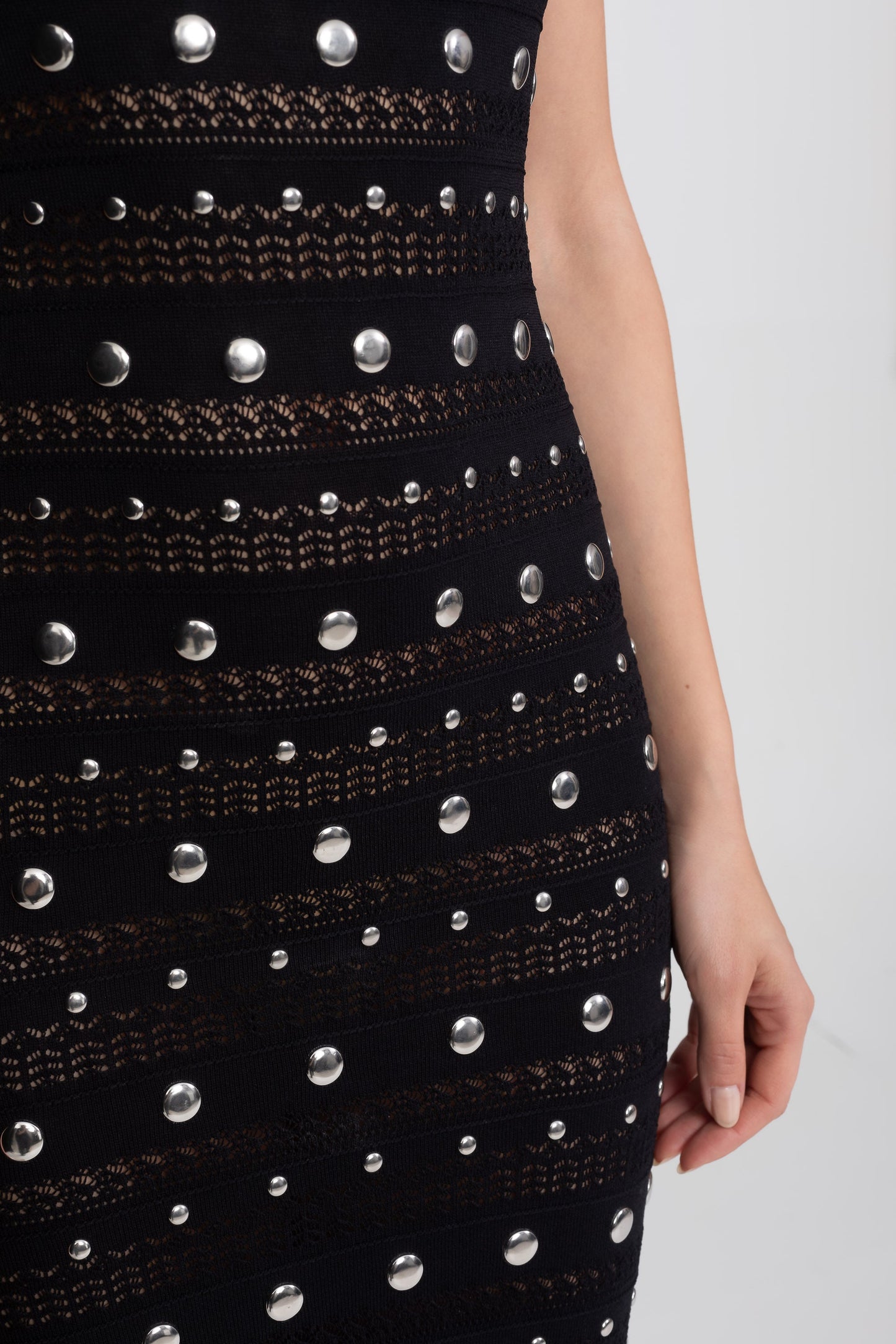 Embellished Knit Midi Dress | Women's High Neck Dress | Crystal Trim | Black | Steven & Levon