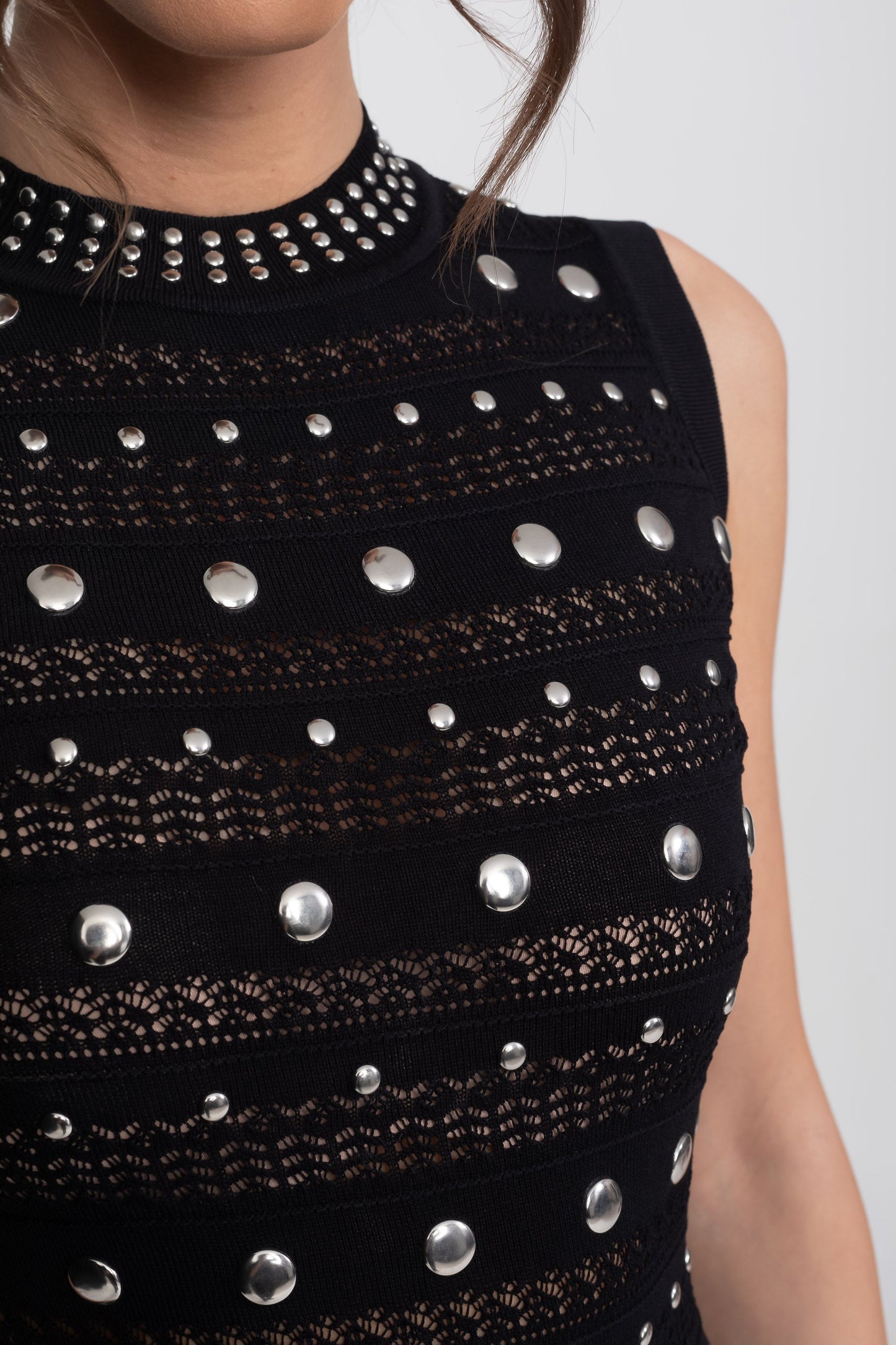Embellished Knit Midi Dress | Women's High Neck Dress | Crystal Trim | Black | Steven & Levon