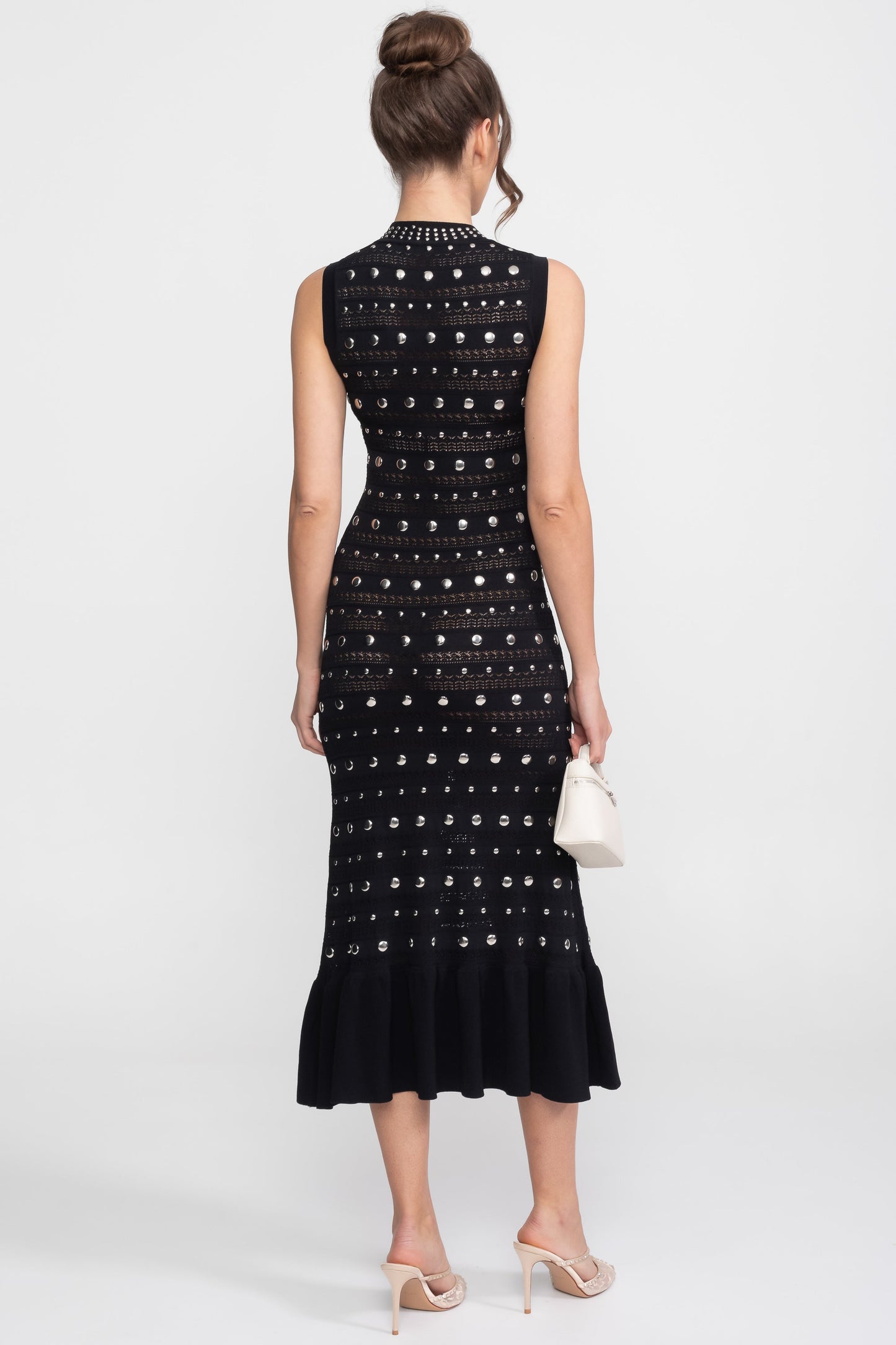 Embellished Knit Midi Dress | Women's High Neck Dress | Crystal Trim | Black | Steven & Levon