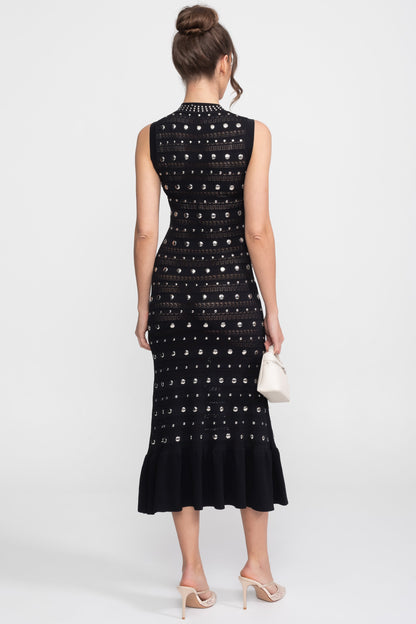 Embellished Knit Midi Dress | Women's High Neck Dress | Crystal Trim | Black | Steven & Levon