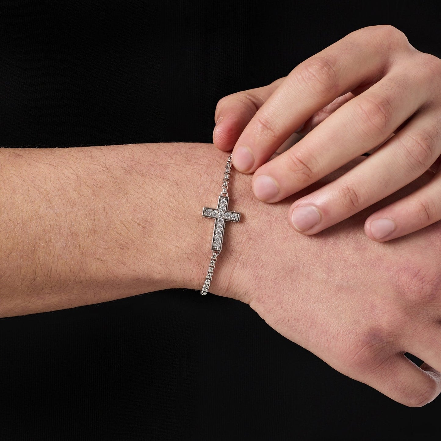 Iced Cross Bracelet | Men | Stainless Steel | Silver | Crystal Cross Design | Steven & Levon