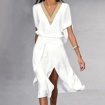 Women's V Neck Tie Waist Midi Dress | Women | Flowing Midi Dress | Tie Waist & Wrap Front | Elegant Occasion Wear | Steven & Levon